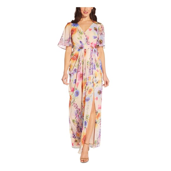 Adrianna Papell Womens Size 4 Floral Flutter Maxi Dress In Praline Multicolor - Picture 1 of 11